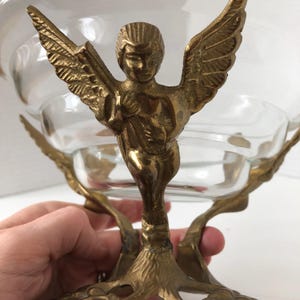 Bol en verre sur pied chérubin en laiton vintage 8 X 5 1/2&quot; étagère décorative décorative