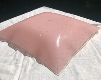 MCM Pink Glass Ceilight Light Shade SQUARE  12&quot; VINTAGE Fluted and Floral