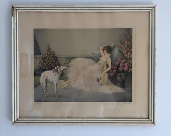 ART DECO Lithograph Courcelles “In repose” Woman with Dog Signed Hand Printed Framed 20 x 23&quot;