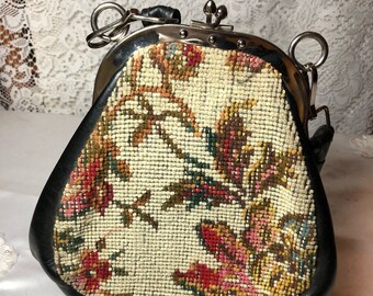 Petite 1930's Tapestry and Vinyl Handbag