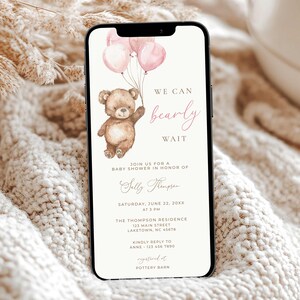 Bearly Wait Baby Shower Electronic Invite Girl, Bear Baby Shower Evite Girl, Pink Balloons Baby Shower Digital Invitation Template, TB1