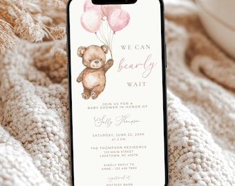 Bearly Wait Baby Shower Electronic Invite Girl, Bear Baby Shower Evite Girl, Pink Balloons Baby Shower Digital Invitation Template, TB1
