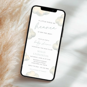 A Little Piece of Heaven Is on the Way Baby Shower Invitation for Phone, Digital Heaven Sent Baby Shower Invite, Clouds Baby Shower Evite