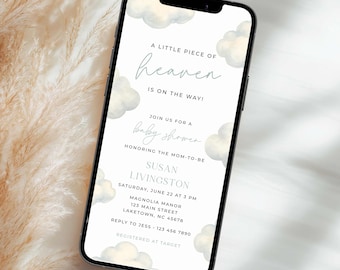A Little Piece of Heaven Is on the Way Baby Shower Invitation for Phone, Digital Heaven Sent Baby Shower Invite, Clouds Baby Shower Evite
