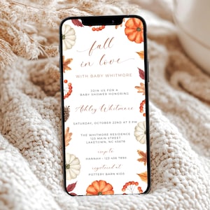 Verlieben Sie sich in Love Baby Shower Einladung für Telefon, Herbst Kürbis Baby Shower Evite, Falling in Love with Baby Shower Invite Template, PP2