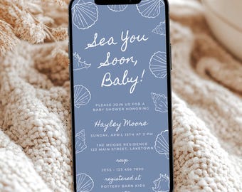 Dusty Blue Sea You Soon Baby Shower Invitation for Phone, Whimsical Coastal Baby Shower Evite, Seashells Ocean Baby Shower Invite, WH1