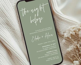 Minimalist Sage Green Rehearsal Dinner Invitation, Digital Wedding Rehearsal Evite, Electronic The Night Before Invitation Template, MC2