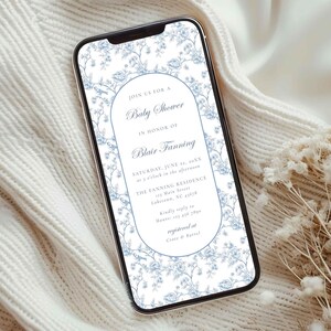 Blue Toile de Jouy Baby Shower Invitation for Phone, Digital Chinoiserie Invite Baby Shower Boy, Boy Baby Shower Toile Evite Text, TI1