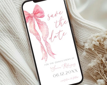Pink Bow Quinceañera Save the Date, Digital Minimalist Quince Evite, Mis Quince Anos for Phone, 15th Birthday Party Celebration Invite, BW1