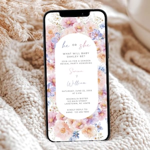 Wildflower Electronic Gender Reveal Invitation, Wildflower Digital Invitation Gender Reveal, He or She Pastel Floral Evite for Phone, EF3