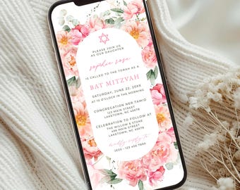 Floral Bat Mitzvah Invitation, Colorful Pink Peonies Bat Mitzvah Invite Electronic, Eucalyptus Bat Mitzvah Evite Editable Template, WF5