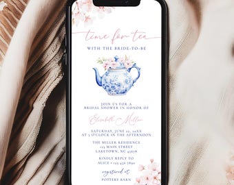Digital Time For Tea With The Bride To Be Invitation Template, High Tea Bridal Shower Evite, Floral Bridal Shower Tea Party Invite for Phone