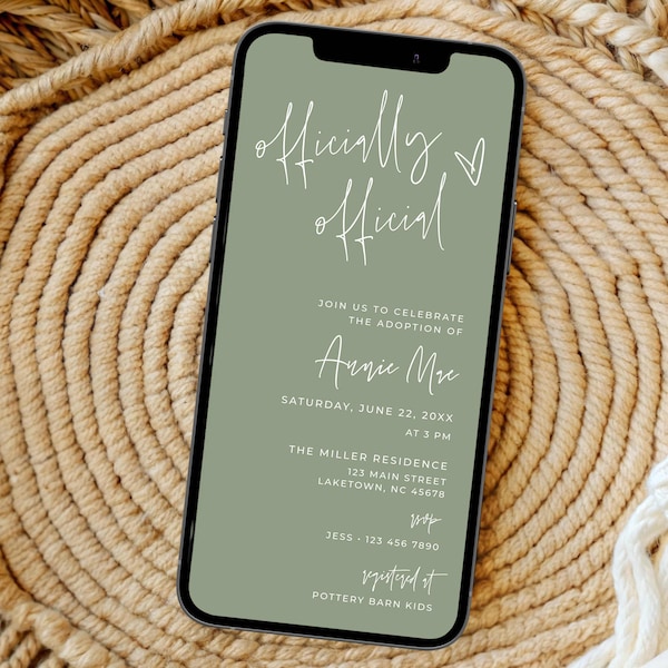 Sage Green Adoption Shower Invitation, Electronic Minimalist Foster Care Shower Invite, Officially Official Adoption Finalization Evite, MC2