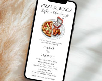 Pizza and Wings Rehearsal Dinner Invitation, Casual Pizza Rehearsal Dinner Invite for Phone, Pizza and Wings Before the Rings Evite, PI1