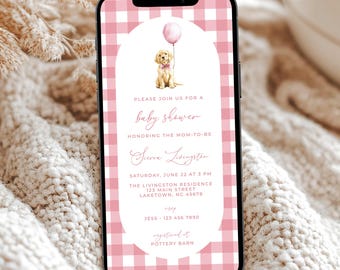 Pink Golden Retriever Baby Shower Invitation Digital, Golden Retriever Puppy Baby Shower Evite, Phone Gingham Puppy Dog Invite Template, GR1