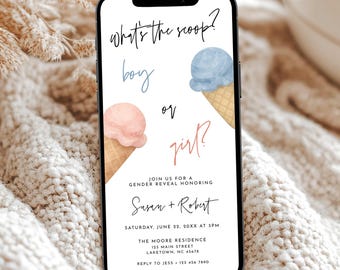Ice Cream Gender Reveal Evite, Summer Gender Reveal Invitation for Phone, What's the Scoop Gender Reveal Invite, He or She, Boy or Girl