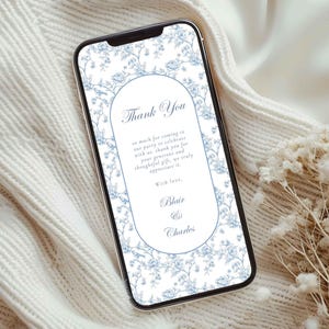 Blauwe toile-bedankkaart voor babyshower, Toile de Jouy bloemen digitaal bedankje voor babyshower, chinoiserie babyshower bedankt voor telefoon, TI1