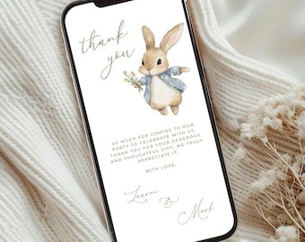 Tarjeta electrónica de agradecimiento para baby shower de conejito, plantilla de texto de agradecimiento digital de conejito de Pascua, agradecimiento para baby shower de conejo de Pascua, ES1