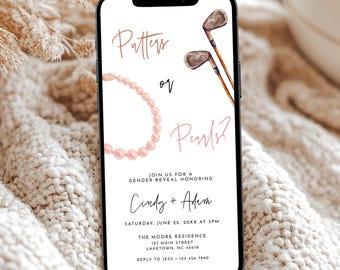 Putters or Pearls Gender Reveal Invitation for Phone, Digital Golf Gender Reveal Party Invite Template, Golfing Baby Gender Reveal Evite