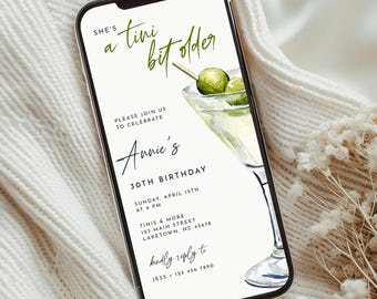 Martini 30e verjaardagsfeestje uitnodigen sjabloon, Tini Bit oudere uitnodiging, digitale Martini 30e verjaardag Evite telefoon, Tiny Bit oudere uitnodiging MJ7