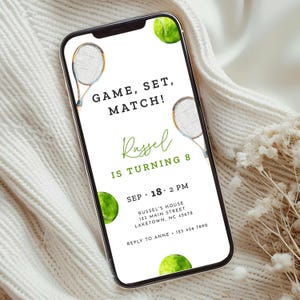 Tennis Birthday Invitation, Editable Sports Party Invite, Game Set Match Evite, Tennis Racquet and Balls Invitation Template, MJ1