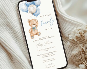 Bear Baby Shower Evite Boy, Bearly Wait Electronic Baby Shower Invite Boy, Blue Balloons Digital Invitation, Boy Editable Evite Template TB2