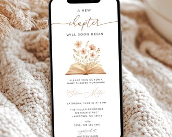 Invitación para baby shower "Nuevo Capítulo" para teléfono, plantilla de invitación digital para baby shower con temática de libro, invitación editable para baby shower en formato libro, BB7