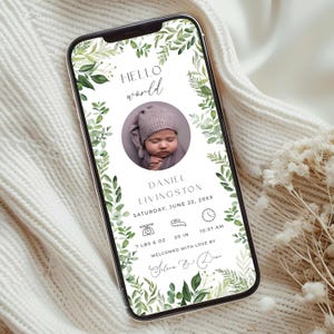 Annuncio di nascita Greenery per bambino, Annuncio di nascita elettronico per bambina, Modello digitale per annuncio di nascita con foto, GR2