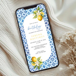 Electronic Birthday Invitation, Mediterranean Blue Tiles Lemon Birthday Evite, Editable Italian Birthday Party Invite Template for Phone CT1