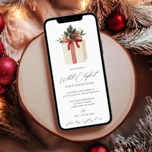 Peut inclure: Un &eacute;cran de smartphone affichant une invitation num&eacute;rique pour un &eacute;change de cadeaux White Elephant. Le design pr&eacute;sente un coffret cadeau aquarelle avec un n&oelig;ud rouge, surmont&eacute; de branches de pin et de baies, suivi des d&eacute;tails de l'&eacute;v&eacute;nement.