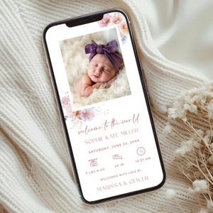 Wildflower Newborn Announcement for Phone, Pink Floral Birth Announcement with Photo, Floral Baby Announcement Text Message Template, EF3