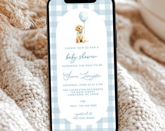 Golden Retriever Baby Shower Invitation for Phone, Golden Retriever Puppy Baby Shower Evite, Blue Gingham Puppy Dog Invite Template, GR1