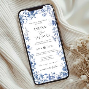 French Toile Wedding Invite for Phone, Floral Blue Toile de Jouy Wedding Invitation, Vintage Chic Elegant Chinoiserie Wedding Evite, TI2
