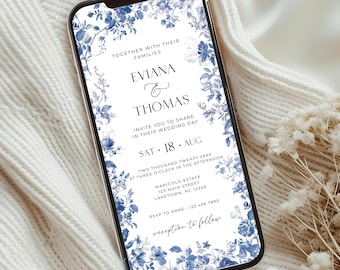 French Toile Wedding Invite for Phone, Floral Blue Toile de Jouy Wedding Invitation, Vintage Chic Elegant Chinoiserie Wedding Evite, TI2