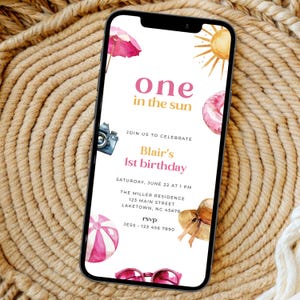 One in the Sun First Birthday Invitation for Phone, Summer Pool Party 1st Birthday Invite, Girls 1st Birthday Beach Party Evite, SP1