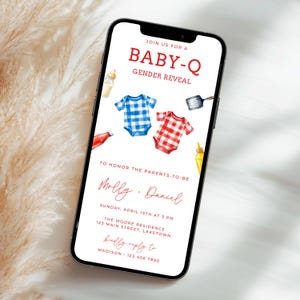May include: A digital invitation for a baby gender reveal party. The invitation is styled with a blue and red gingham pattern, a spatula, and bottles of ketchup and mustard. The text reads "Join us for a Baby-Q Gender Reveal" and "To honor the parents-to-be Molly Daniel". The invitation also includes the date, time, and location of the party.