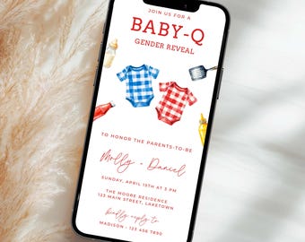 Baby-Q Gender Reveal Party Invitation Template, Backyard Gender Reveal Invite, He or She BBQ Evite, Summer BBQ Gender Reveal Party Evite MI8
