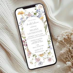 Wildflower Bridal Shower Invitation, Wildflower Electronic Bridal Shower Invite, Bridal Shower Evite, Phone Invitation Editable Template ME1