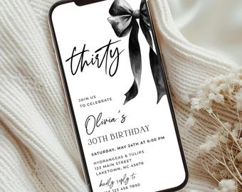 Black Bow 30th Birthday Invitation, Minimalist 30th Birthday Party Invite Template, Black Ribbon Coquette 30th Birthday Party Evite, BW3