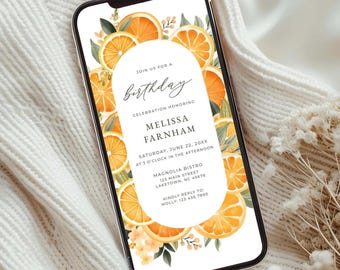 Citrus Birthday Editable Invitation Template, Mediterranean Birthday Digital Invite, Orange Fruit Birthday Evite, Invitation by Phone, WF7