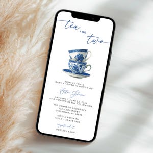 Tea for Two Twin Baby Shower Invitation for Phone, Tea Twins Baby Shower Invite, Digital Toile Chinoiserie Twins Baby Shower Invitation