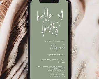 Sage Green 40th Birthday Invitation, Minimalist 40th Birthday Party Invite, Modern 40th Birthday Evite, Editable Birthday Invitation, MC2