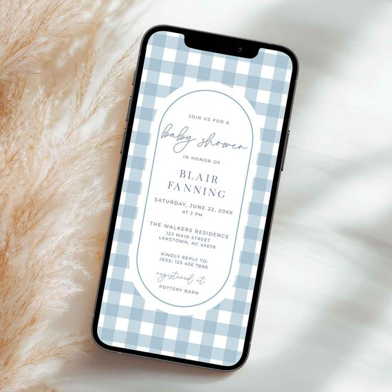 Blue Gingham Baby Shower Invitation Electronic, Digital Classic Gingham Boy Baby Shower Invite, Simple Blue Plaid Boy Baby Shower Evite, GA2