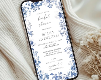 Digital Toile Brautdusche Einladung, Blaue Chinoiserie Brautdusche einladen bearbeitbare Vorlage, etwas Blaues, bevor ich Evite tue, TI2