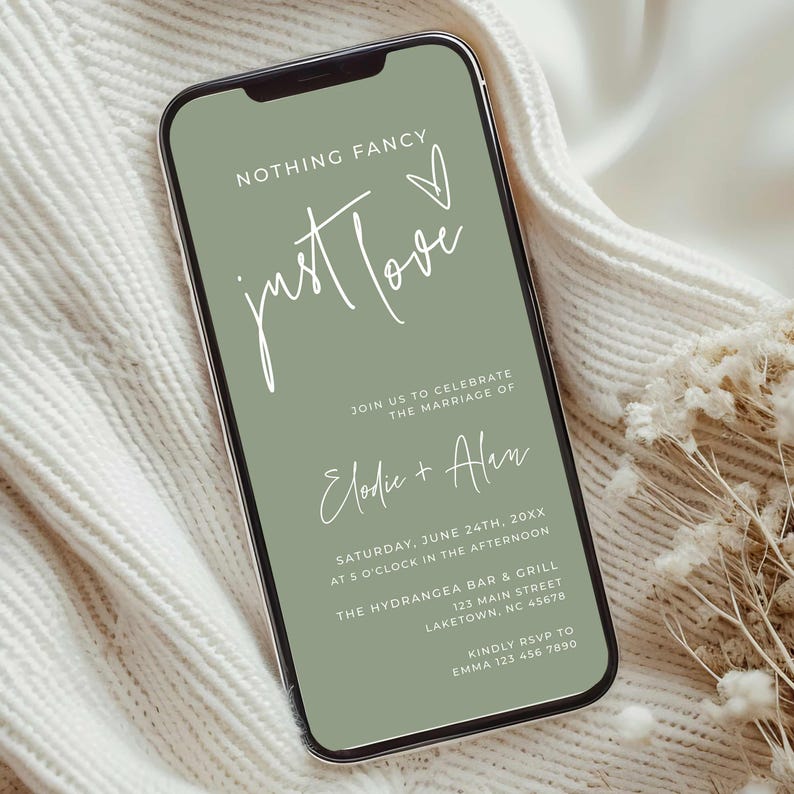 Digital Micro Wedding Invitation Template, Electronic Modern Sage Green ...