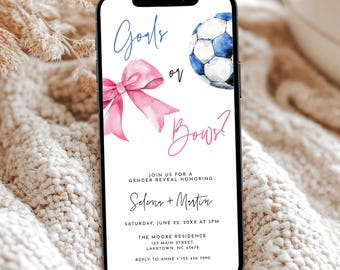 Goals or Bows Gender Reveal Invitation Template, Digital Sports Soccer or Bows Gender Reveal Party Invite, Goals Baby Gender Reveal Evite