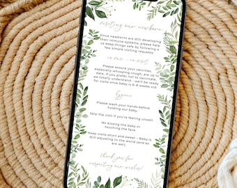 Greenery New Baby Rules for Visitors, Digital Editable Newborn Visitor Information Template, Electronic Newborn Rules for Visiting, GR2