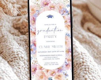 Wildflower Grad Party Invitation for Phone, Modern Electronic Graduation Party Invite, Editable Pink Floral Graduation Evite Template, EF3