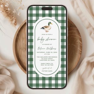 Digital Mallard Duck Baby Shower Invitation, Green Gingham Duck Hunting Baby Shower Invite, Mallard Duck Boy Baby Shower Evite, MD2