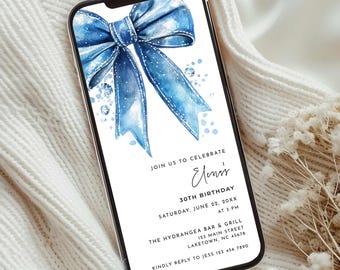 Invitación digital de mezclilla y diamantes para 30 cumpleaños, lazo coqueto de mezclilla y diamantes para E-mail, invitación para fiesta de 30 cumpleaños con jeans azules, DD1